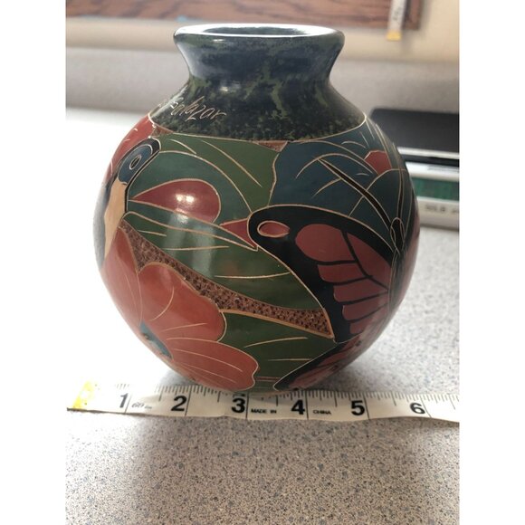 Celia Salazar Hand Carved Etched Clay Vase Toucan Monkey Butterfly Tropical 6" A - Picture 8 of 8